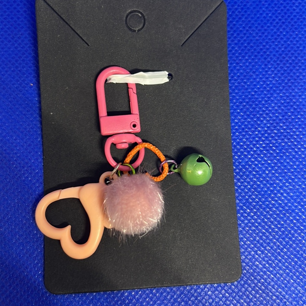 NWT Cute charm keychain heart pomPom clasp bell pendant clip key ring